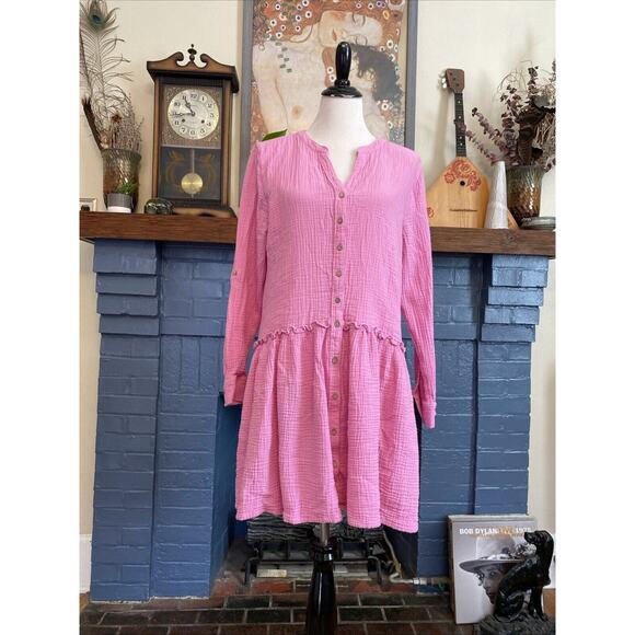 Carve Design L Gauzy Roll Tab Sleeve Ruffle Button Down Shirt Dress Peachy Boho - Picture 1 of 13